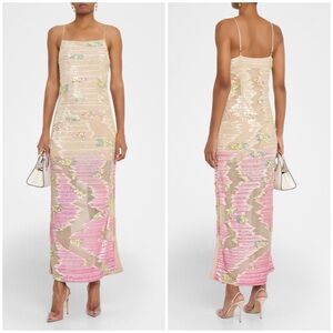 NWT La Fuori Whispering Blooms Ombre Embellished Sequin Tulle Gown Maxi Dress S
